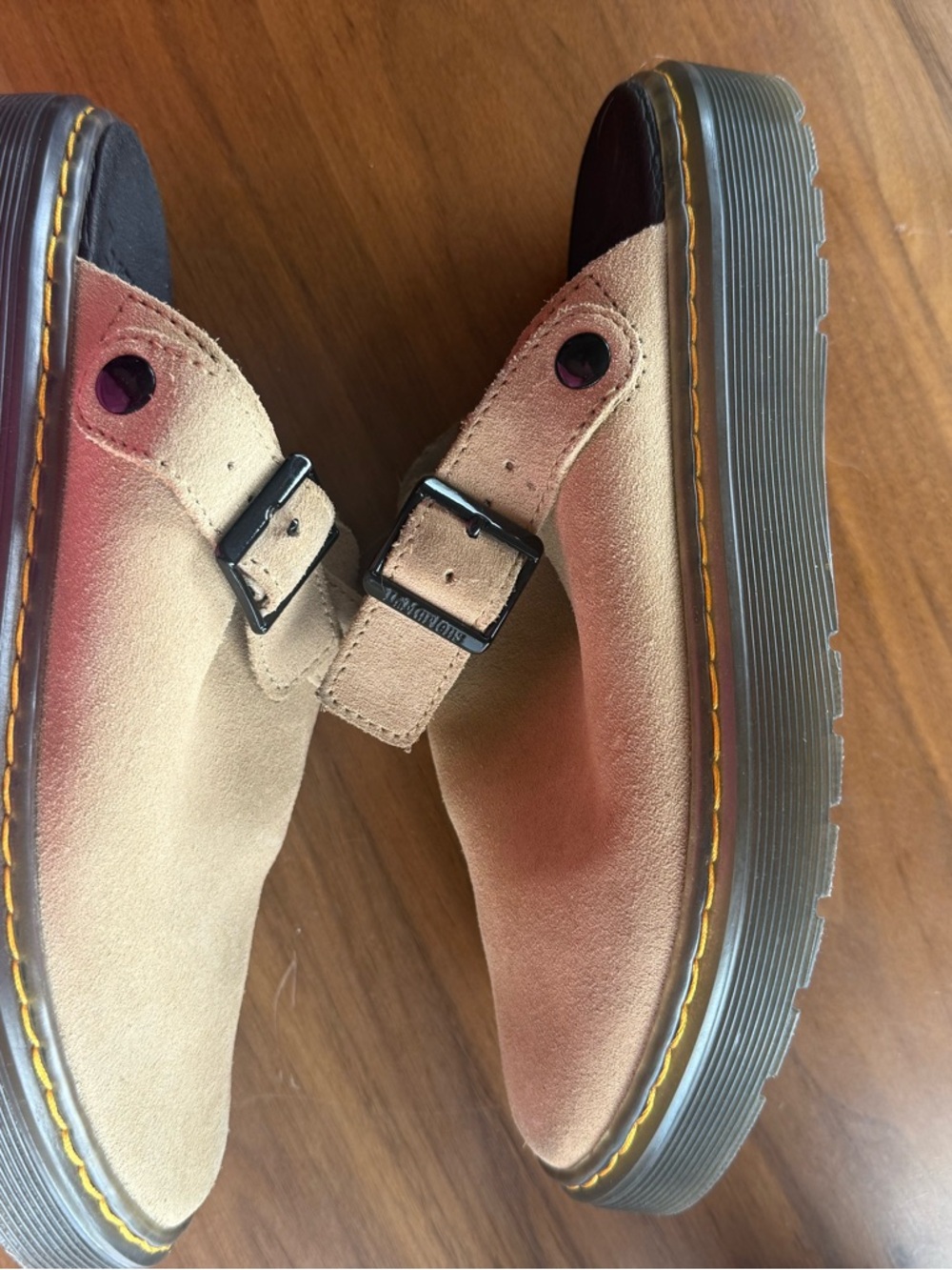 Dr. Martens Women's Suede Buckle Clogs in Light Tan with Black Sole